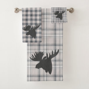 Rustic Cosy Farmhouse Plaid Moose Silhouette  Bath Towel Set