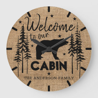 Rustic Cosy Welcome to our Cabin Family Name  Large Clock