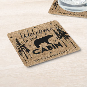 Rustic Cosy Welcome to our Cabin Family Name Square Paper Coaster