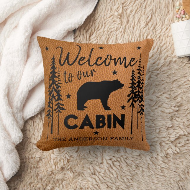 Rustic Cosy Welcome to our Cabin Faux Leather Cushion (Blanket)