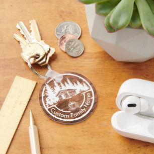 Rustic Cottage Cabin Barn Custom Family Name Key Ring