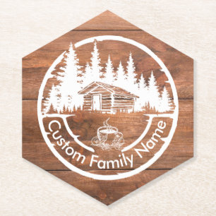 Rustic Cottage Cabin Barn Custom Family Name Paper Coaster