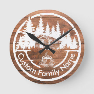 Rustic Cottage Cabin Barn | Custom Family Name Round Clock