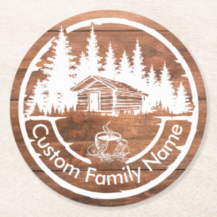 Rustic Cottage Cabin Barn Custom Family Name Round Paper Coaster