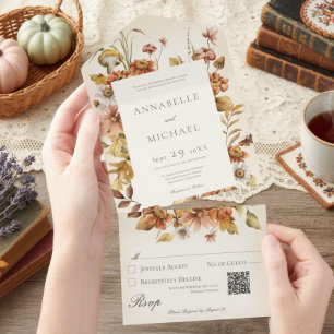 Rustic Cottage Core Fall Wildflowers Cream QR Code All In One Invitation