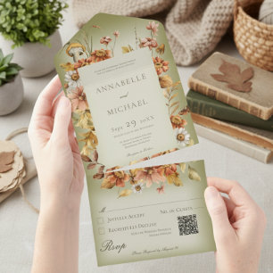 Rustic Cottage Core Fall Wildflowers Green QR Code All In One Invitation