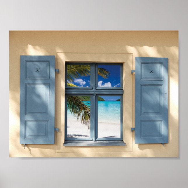 Rustic Cottage Faux Window View Tropical Beach Poster (Front)