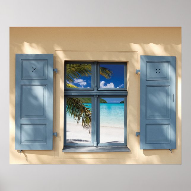 Rustic Cottage Faux Window View Tropical Beach Poster (Front)