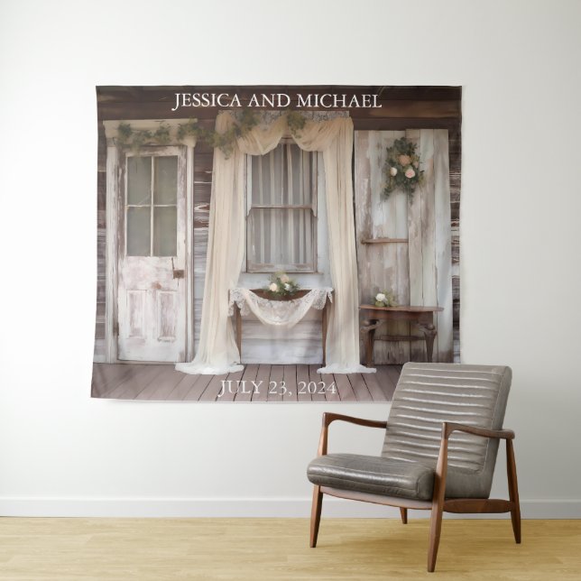 Rustic Cottage Porch Wedding Backdrop Tapestry (In Situ (Horizontal))