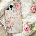 Rustic Cottage Style Roses on Old Wood w/Name iPhone 15 Pro Max Case<br><div class="desc">Charming rustic cottage style pastel pink roses and light sage foliage on old weathered wood texture with editable text field for your custom name or monogram.</div>