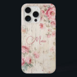 Rustic Cottage Style Roses on Old Wood w/Name iPhone 15 Pro Max Case<br><div class="desc">Charming rustic cottage style pastel pink roses and light sage foliage on old weathered wood texture with editable text field for your custom name or monogram.</div>