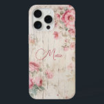 Rustic Cottage Style Roses on Old Wood w/Name iPhone 15 Pro Max Case<br><div class="desc">Charming rustic cottage style pastel pink roses and light sage foliage on old weathered wood texture with editable text field for your custom name or monogram.</div>