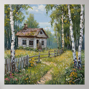 Rustic Cottage Surrounded by Birch Trees Poster