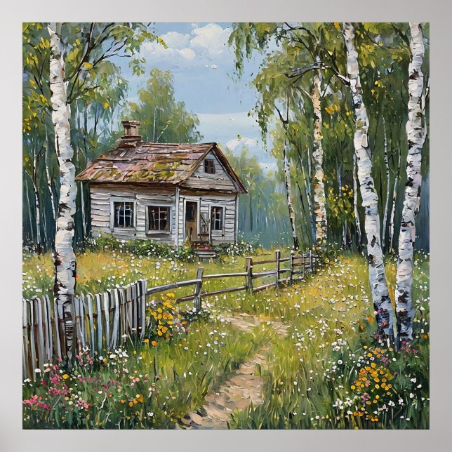 Rustic Cottage Surrounded by Birch Trees Poster (Front)