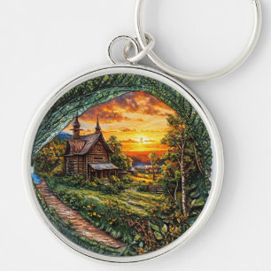 Rustic Cottage Surrounded by Nature at Sunset Key Ring