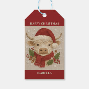 Rustic cottagecore Highland Cow with Santa Hat Gift Tags