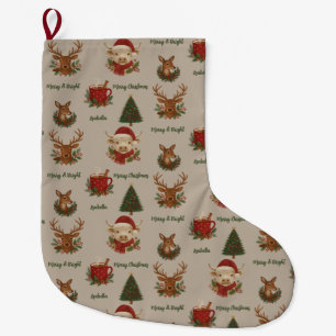 rustic cottagecore merry christmas animals & cocoa large christmas stocking