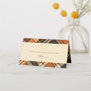 Rustic Cottagecore Orange and Beige Plaid Pattern Place Card