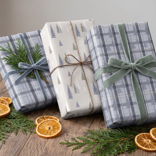Rustic Cottagecore Plaid Evergreen Blue Pine Tree Wrapping Paper Sheet