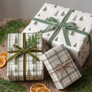 Rustic Cottagecore Plaid Evergreen Green Pine Tree Wrapping Paper Sheet