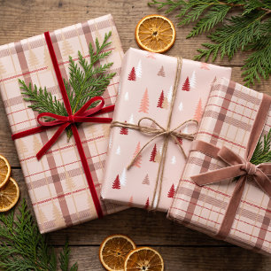 Rustic Cottagecore Plaid Evergreen Red Pine Tree Wrapping Paper Sheet