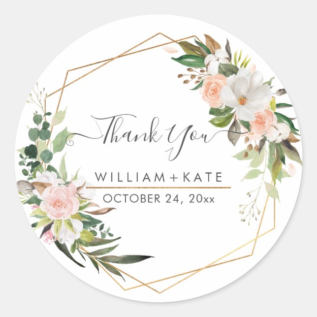 Rustic Cotton Blush Roses Eucalyptus Thank You Classic Round Sticker (Front)