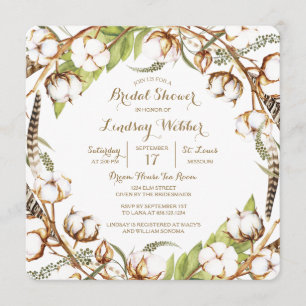 Rustic Cotton Feathers Bridal Shower Invitation