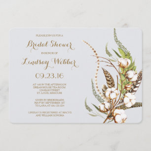 Rustic Cotton Floral Feather Bridal Shower Invitation