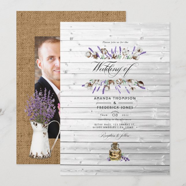 Rustic Cotton Lavender Country Barn Wedding Photo  Invitation (Front/Back)