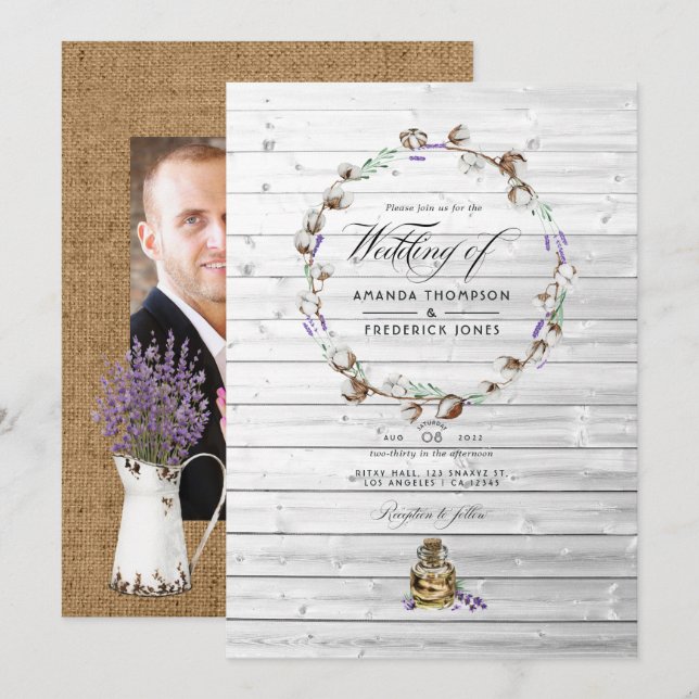 Rustic Cotton Lavender Country Barn Wedding Photo Invitation (Front/Back)