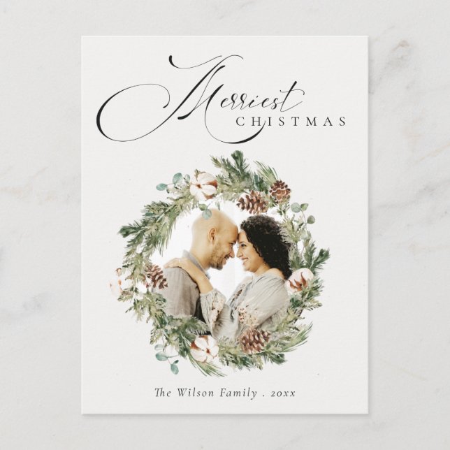 Rustic Cotton Pine Cone Christmas Photo Wreath  Postcard (Front)