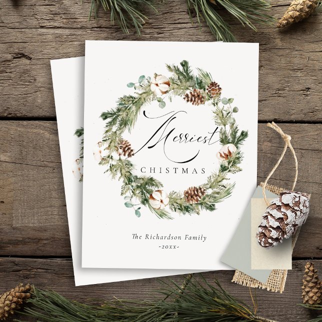 Rustic Cotton Pine Cone Merriest Christmas Wreath  Postcard (Creator Uploaded)