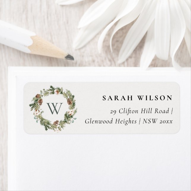 Rustic Cotton Pine Cone Monigram Christmas Address (Insitu)