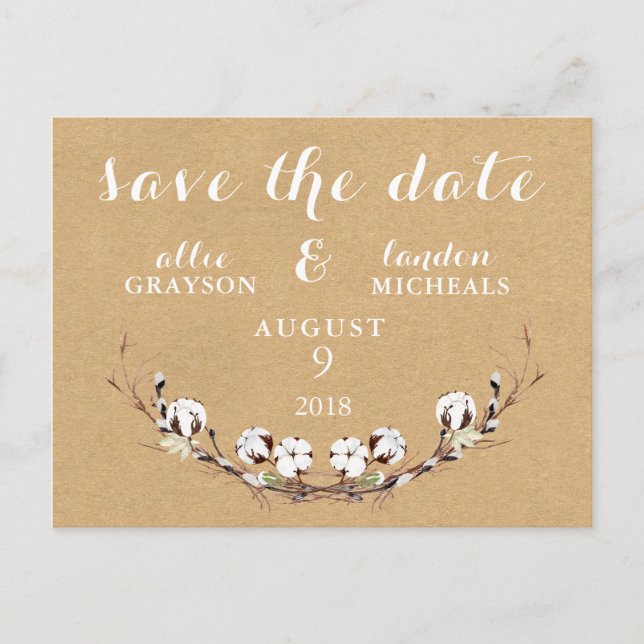 Rustic Cotton Save the Date Announcement Postcard (Front)