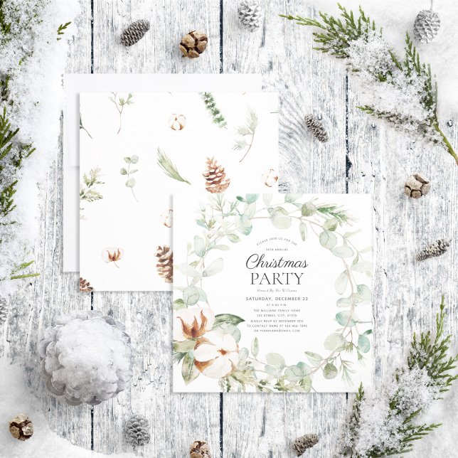 Rustic Cotton Winter Greenery Wreath Holiday Party Invitation (Creator Uploaded)