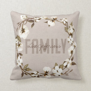 Rustic Cotton Wreath Family Name Monogram Cushion