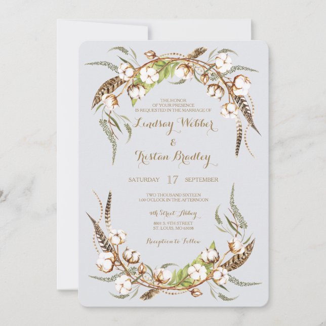 Rustic Cotton Wreath Feathers Wedding Invitation (Front)