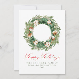 Rustic Cotton Wreath Green Plaid Check Christmas Holiday Card