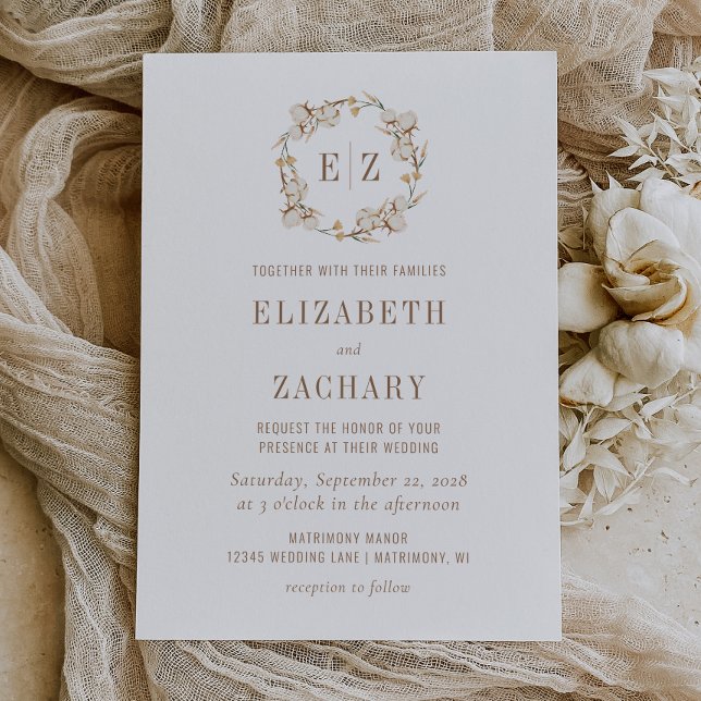 Rustic Cotton Wreath Monogram Wedding Invitation (Creator Uploaded)