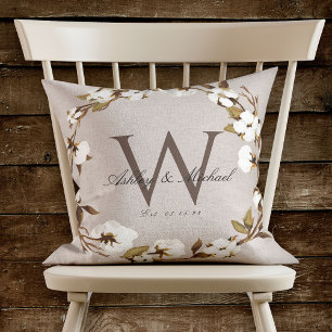 Rustic Cotton Wreath Monogram Wedding Keepsake Cushion
