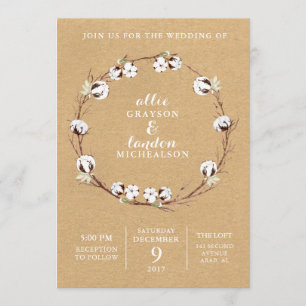 Rustic Cotton Wreath Wedding Invitation