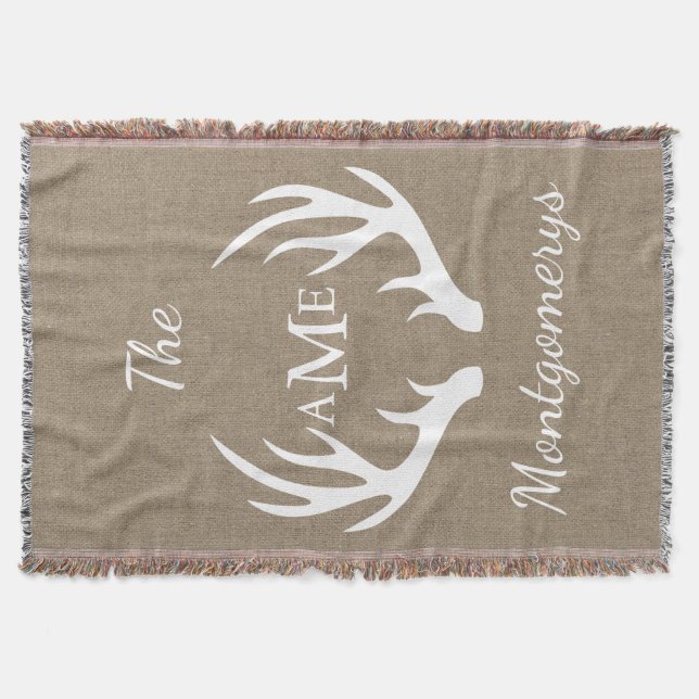 Rustic Country Antlers - Personalised Family Name Throw Blanket (Front)
