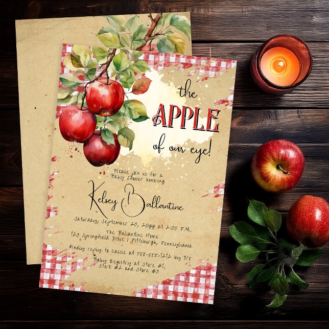 Rustic Country Apple Of Our Eye Baby Shower Invitation ("The Apple of Our Eye!"  Country Rustic Apple Theme Torn Brown Paper Red White Gingham Checks Invite)