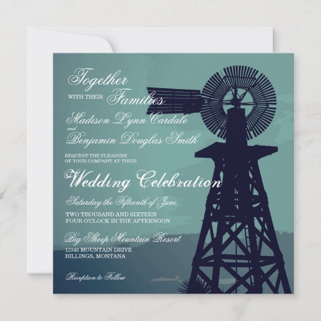 Rustic Country Aqua Windmill Wedding Invitations (Front)