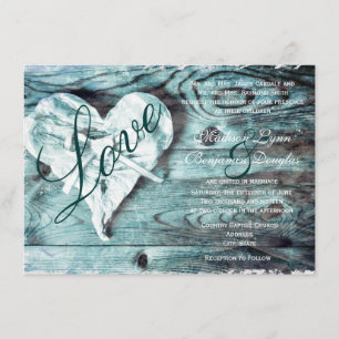 Rustic Country Aqua Wood Love Heart Wedding Invite