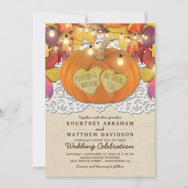 Rustic Country Autumn Pumpkin Lace Wedding Invitation (Front)