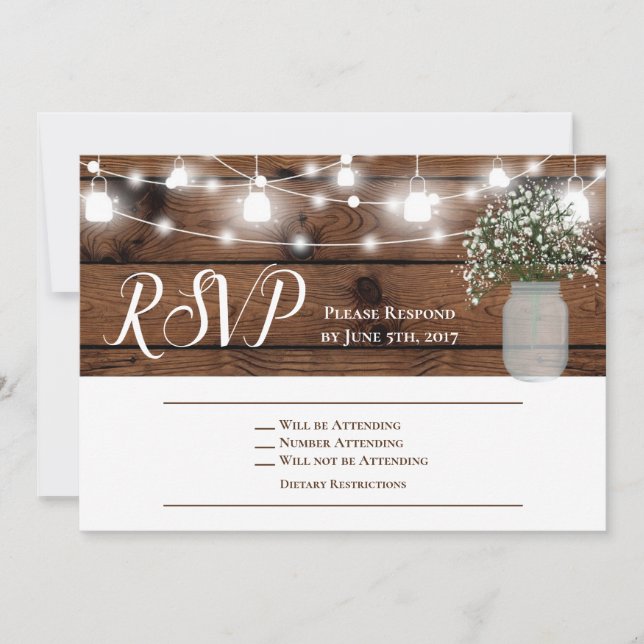 Rustic Country Babys Breath Wood Wedding RSVP Card (Front)