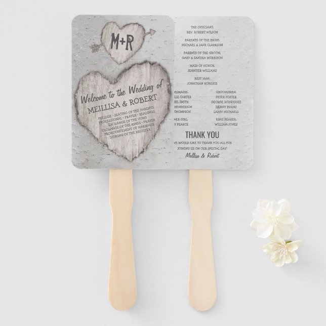 Rustic Country Bark Birch Tree Wedding Program Hand Fan (Front and Back)
