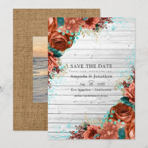 Rustic Country Barn Coral and Teal Floral Wedding  Save The Date