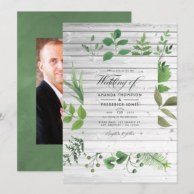Rustic Country Barn Greenery Wedding Photo Invitation (Front/Back)